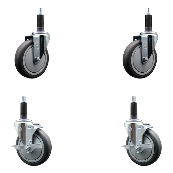 5'' SS Thermoplastic Rubber Wheel Swivel 1'' Expanding Stem Caster Set 2 Brakes, 4PK